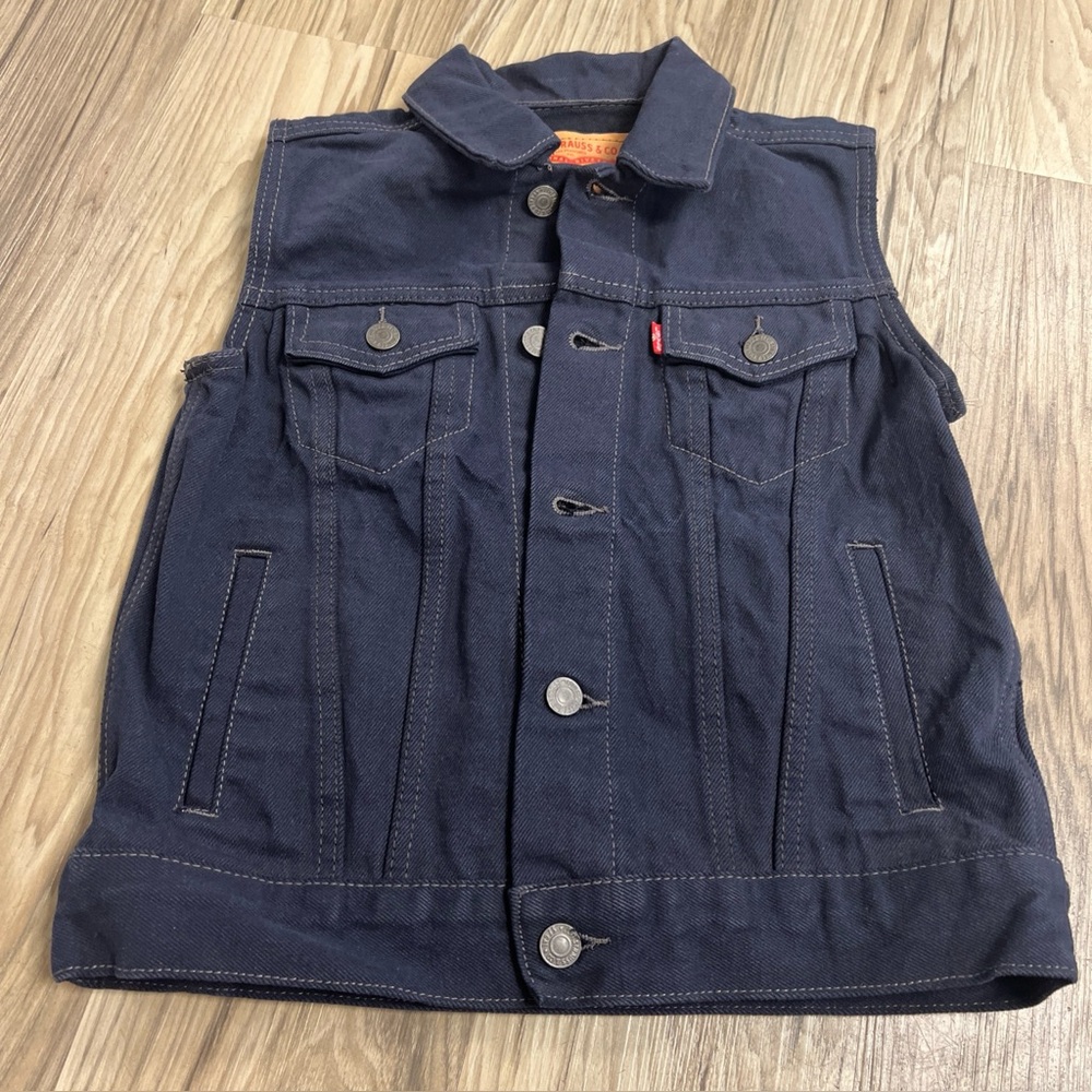 Levis Jeans Trucker Vest Dark Blue Denim Rivet Button Collar Cotton Youth Small